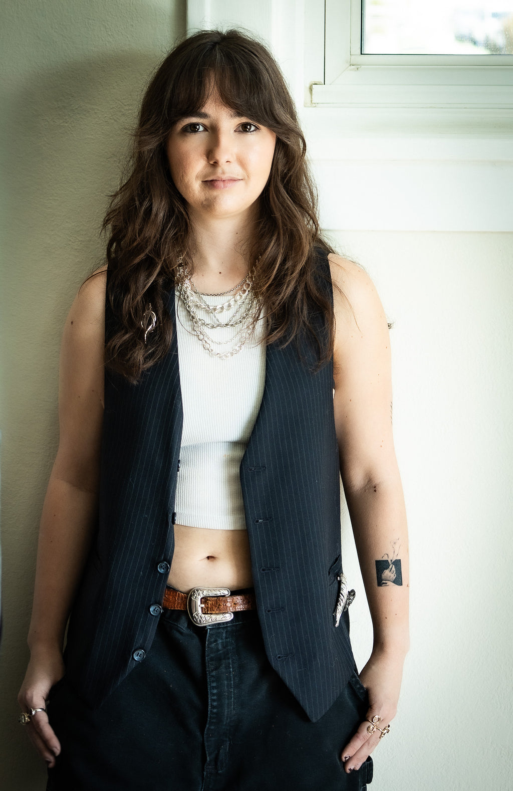 Bex's Black Pinstripe Brooched Out Vest
