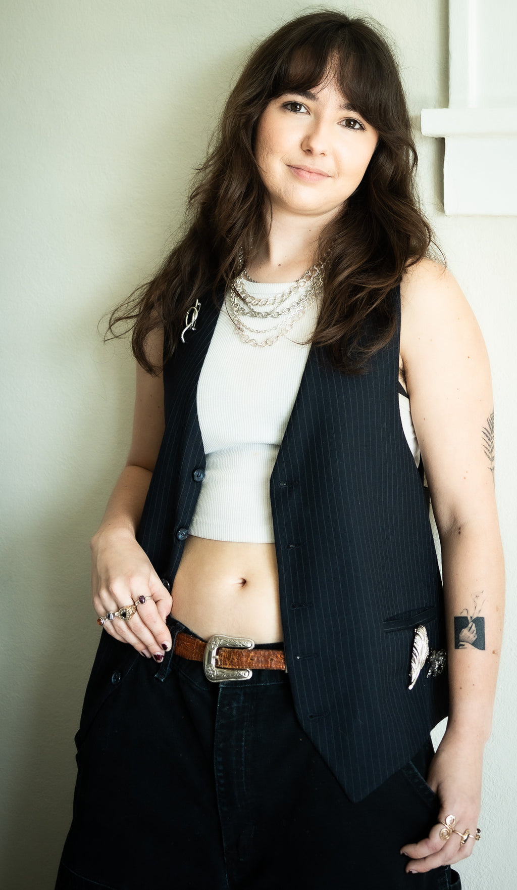 Bex's Black Pinstripe Brooched Out Vest