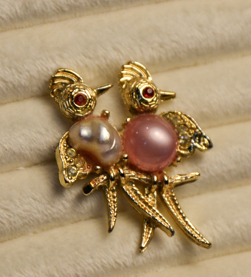 Gold and Pearl Love Bird Brooch