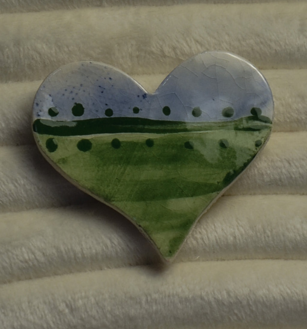Porcelain Green and Blue Heart Brooch