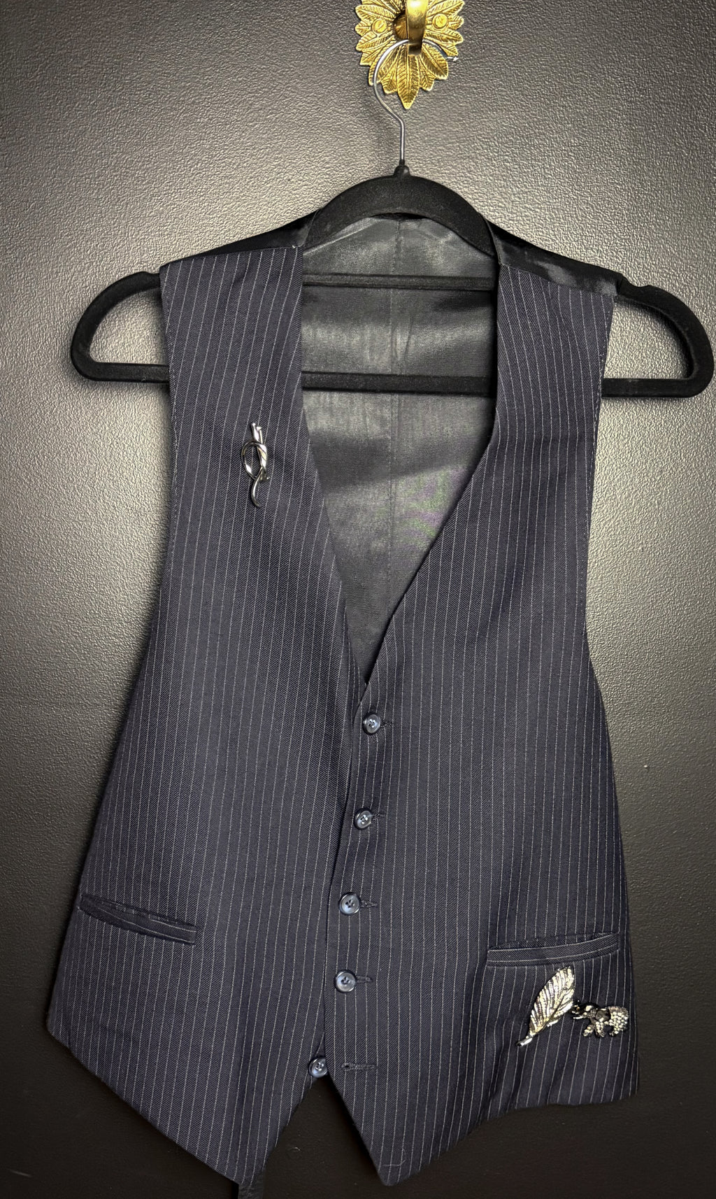 Bex's Black Pinstripe Brooched Out Vest