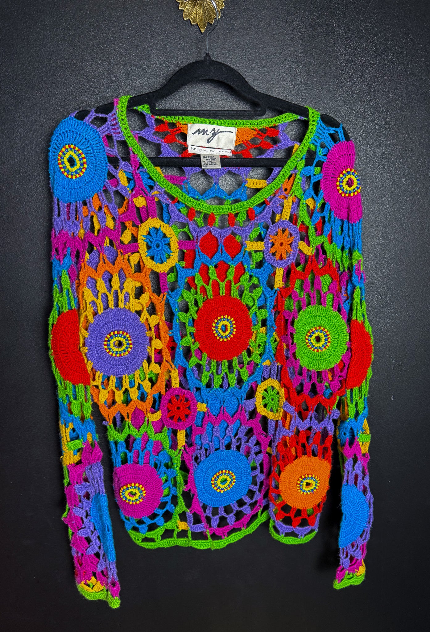 90's Beaded Neon Grannie Doily Sweater