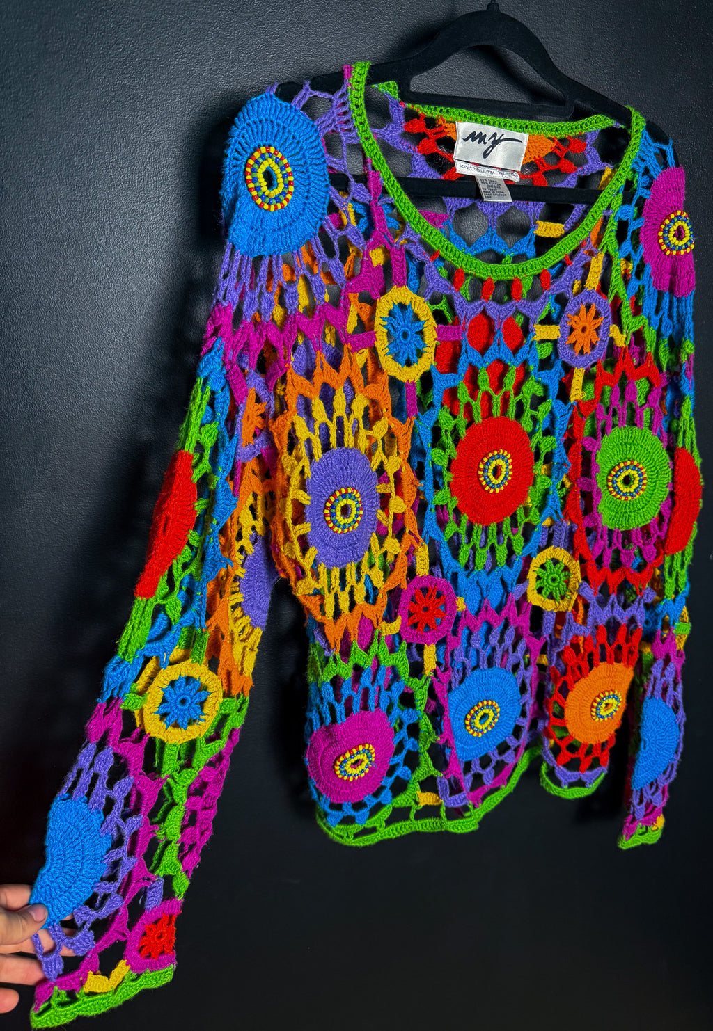 90's Beaded Neon Grannie Doily Sweater